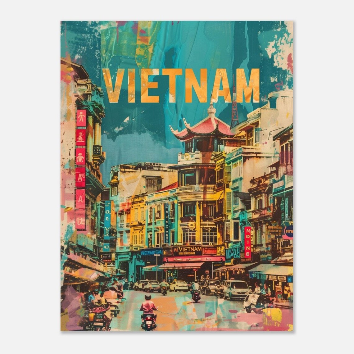 Vietnam Busy City Street Pagoda Motorbikes Painterly Travel Poster - Image 2