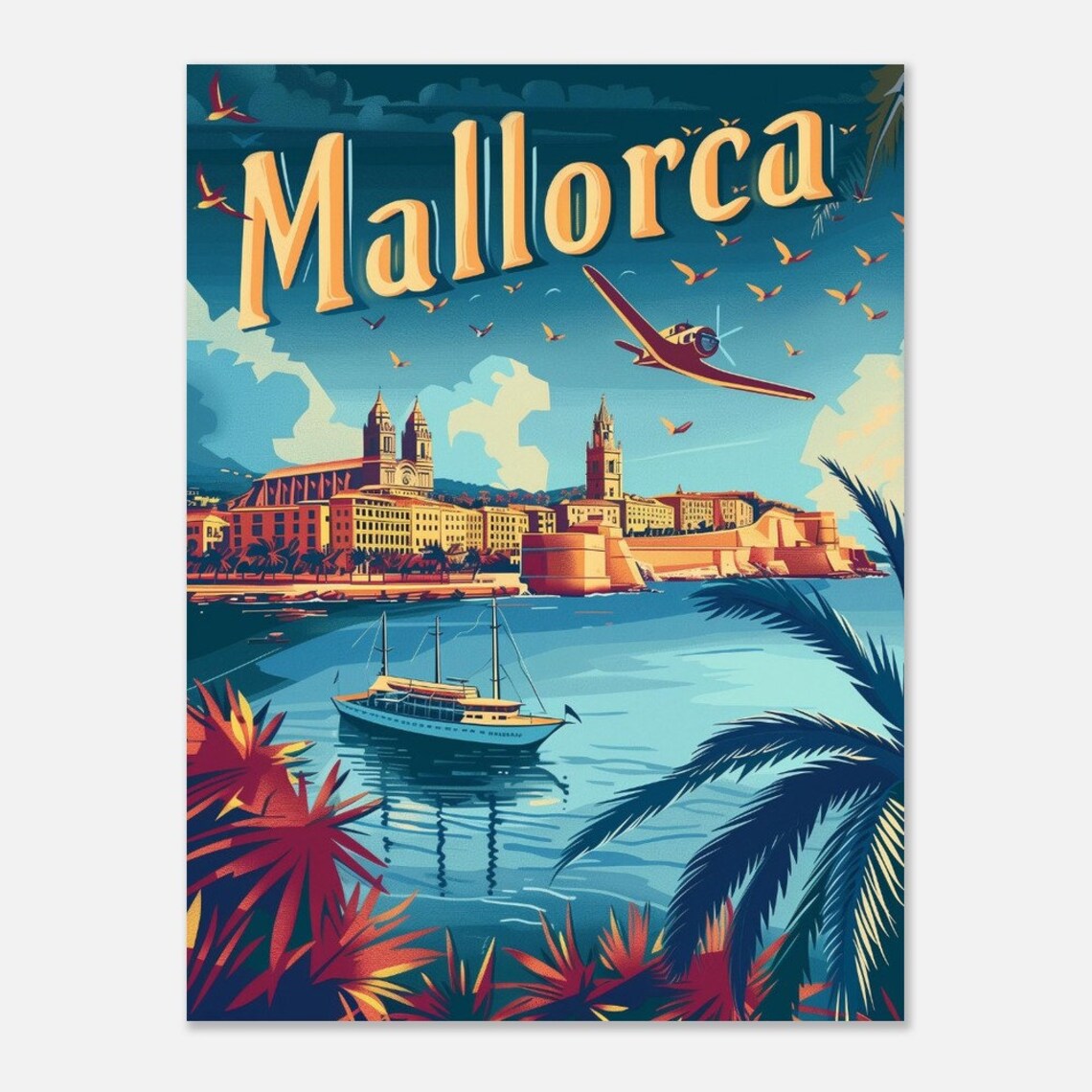Mallorca Retro Vintage Cathedral Harbor Seaplane Spain Travel Poster - Image 2