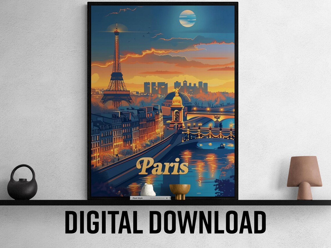 Paris France Eiffel Tower Seine River Sunset Travel Poster Art