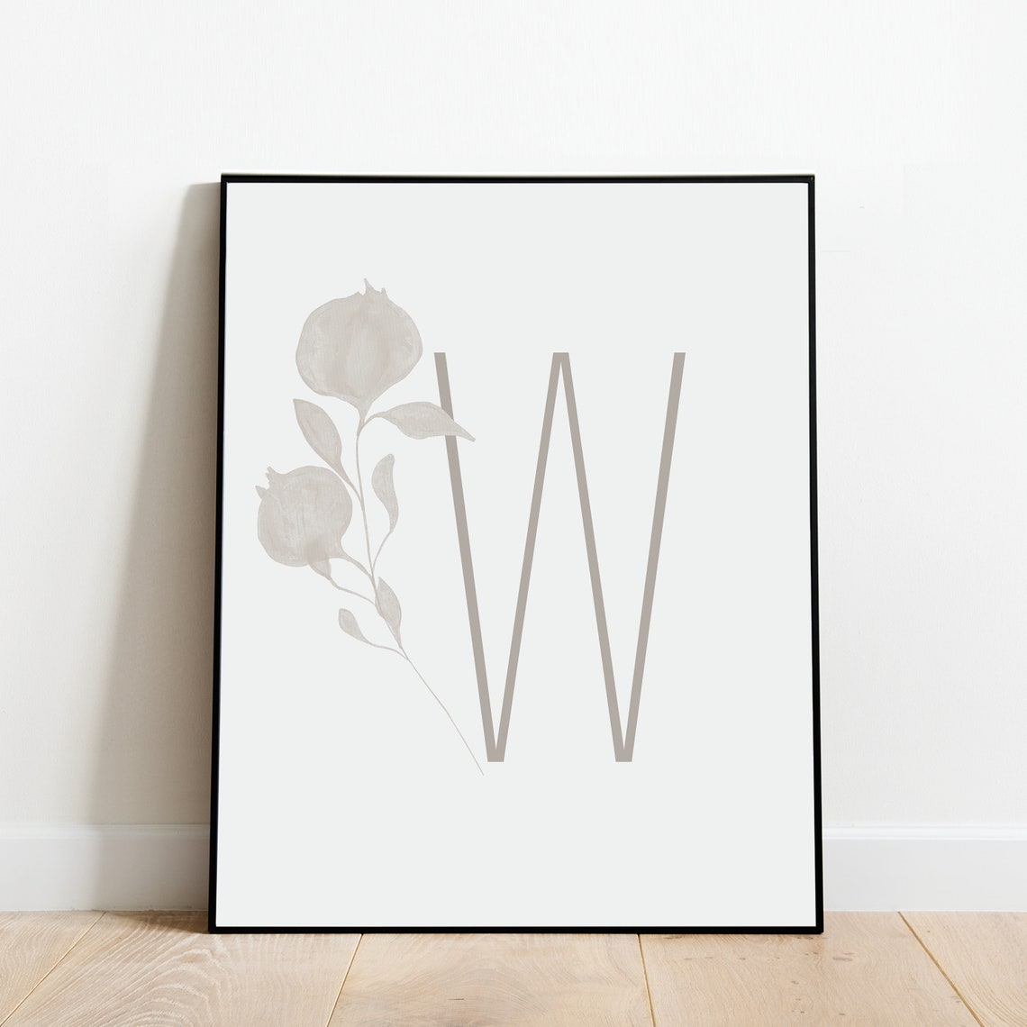Letter W Botanical Initial Wall Art with Black Branch Silhouette - Image 4