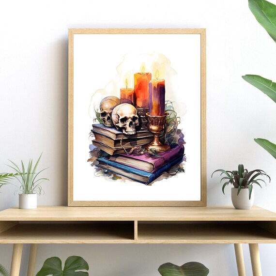 Watercolor Skulls And Candles, Vintage Books Halloween Decor