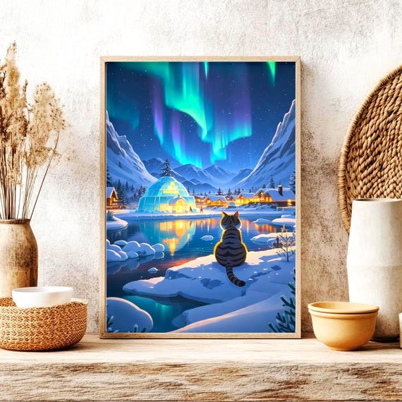 Chubby Orange Cat on a Frozen Lake Under Northern Lights Winter Poster