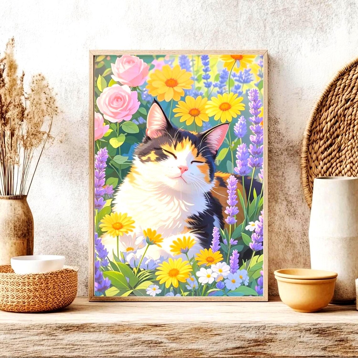 Calico Cat Floral Poster, Botanical Garden Scene