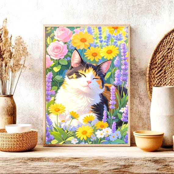 Calico Cat Floral Poster, Botanical Garden Scene