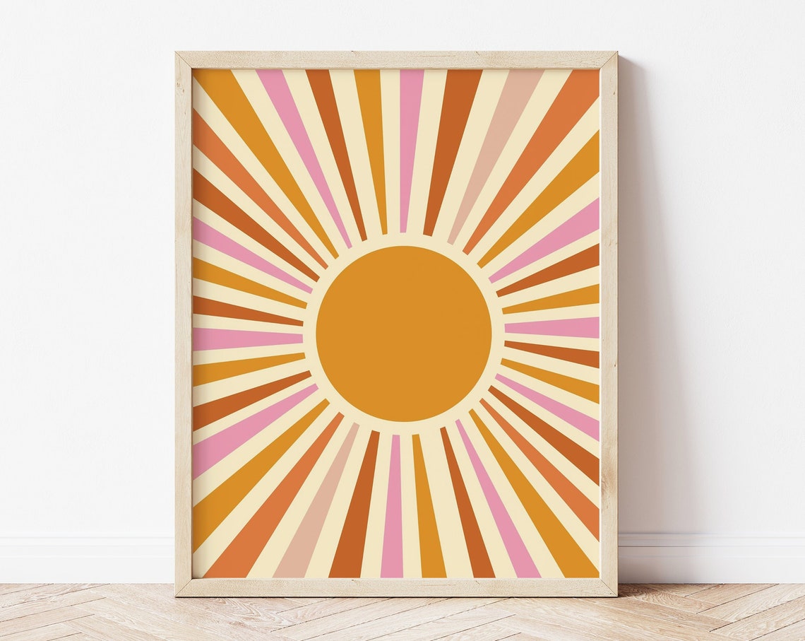 Groovy Retro Sunburst Orange Pink Sun Rays Boho Mid Century Wall Art