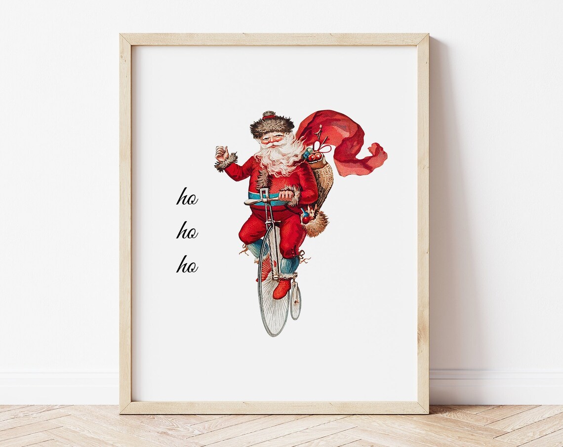 Vintage Santa Riding Penny Farthing Bike Ho Ho Ho Christmas Print