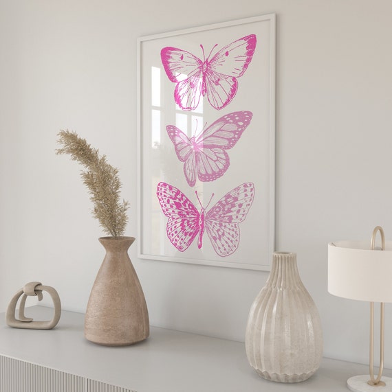 Pink White Butterfly Poster Print Butterfly Wall Art Trendy Wall Art Preppy Room Decor Maximalist Decor Boho Wall Art Boho Deco