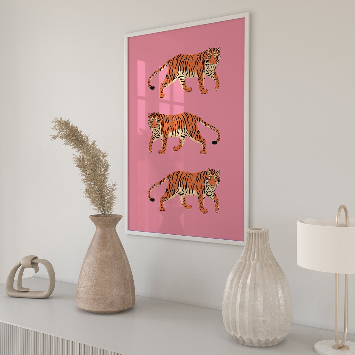 Pink Orange Tiger Print, Preppy Boho Art Print
