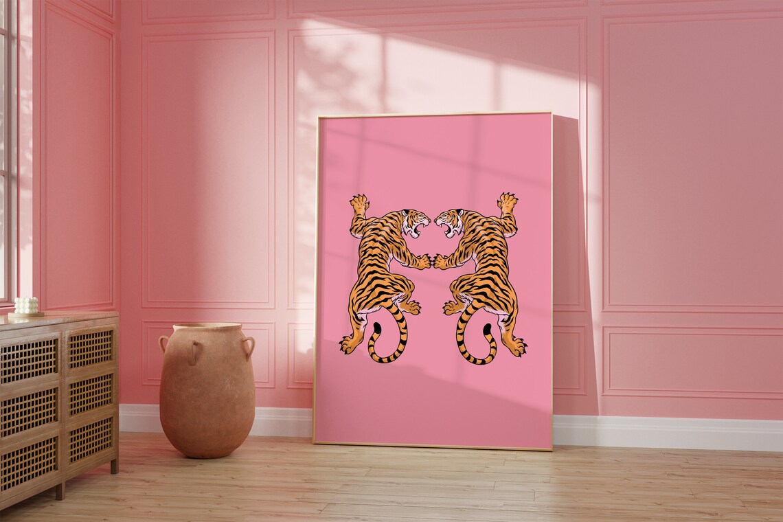 Twin Mirrored Tigers Playful Pink Background Bold Animal Art Poster - Image 3