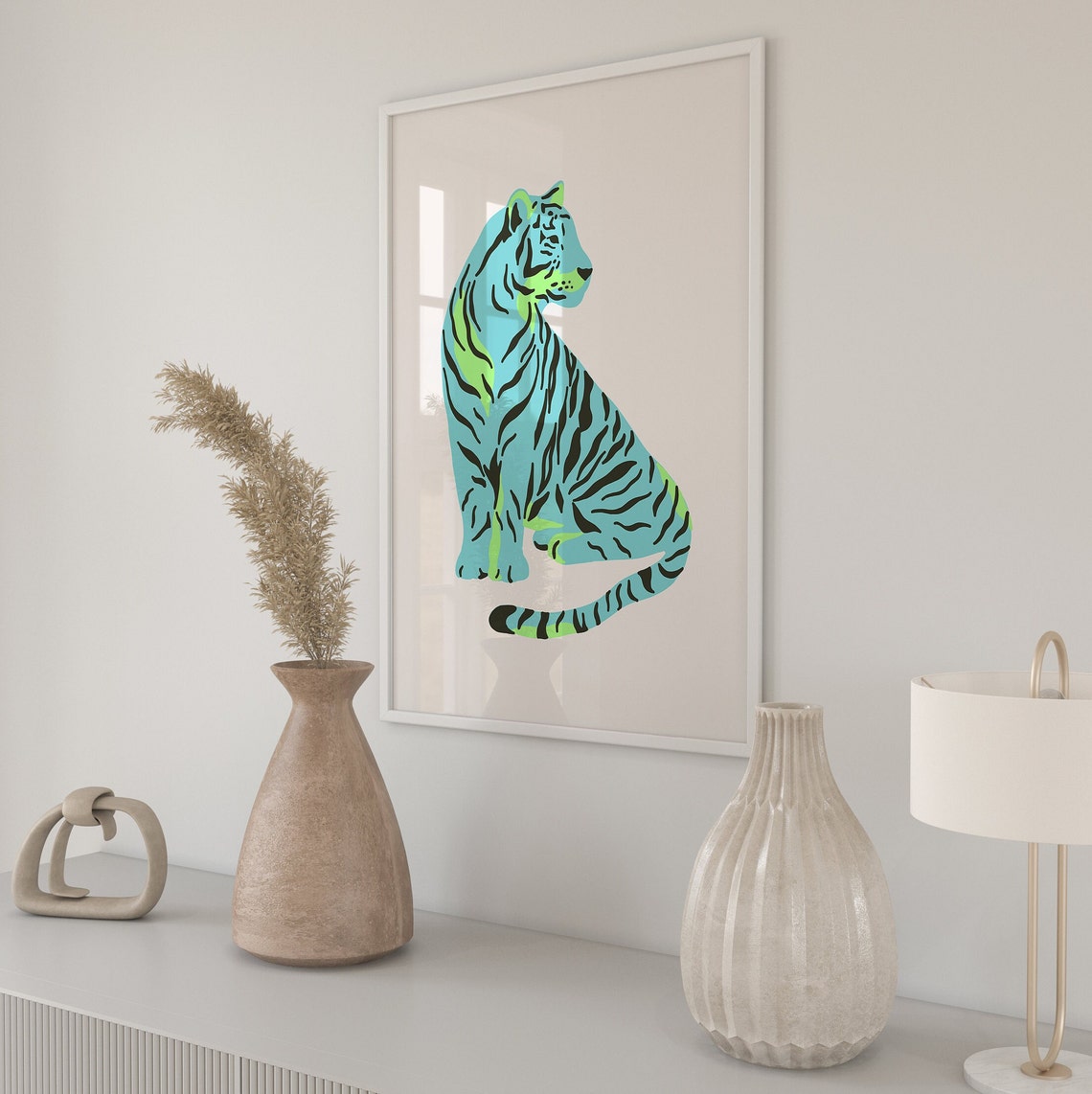 Blue Green Bold Sitting Tiger Modern Minimal Animal Art Poster