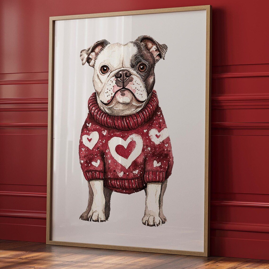 Bulldog Red Heart Sweater Watercolor Valentine Dog Portrait Poster