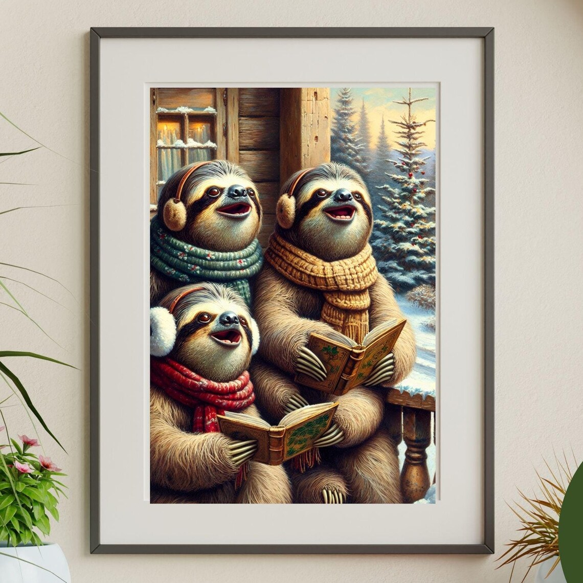 Sloths Singing Christmas Carols In Scarves Cute Holiday Poster