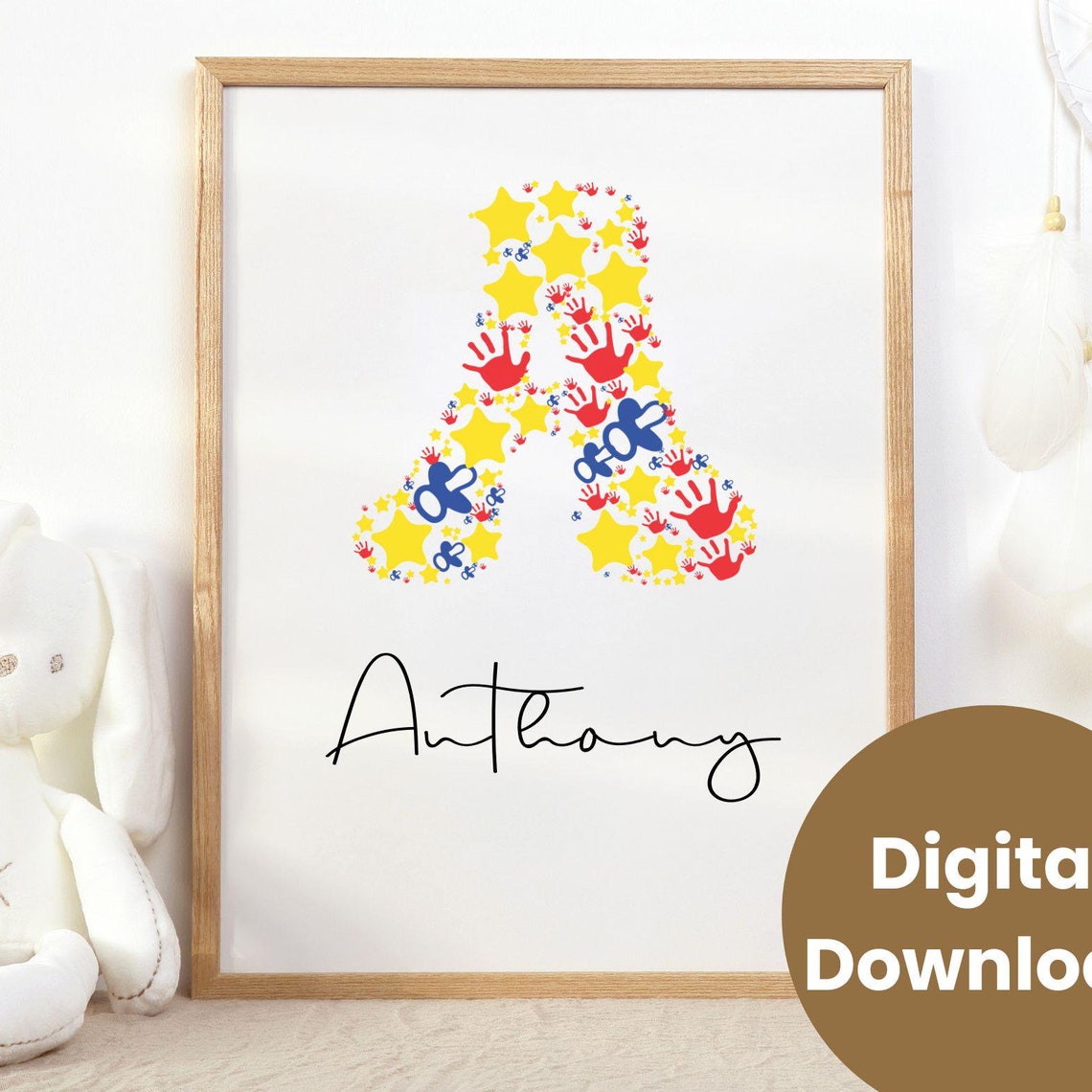 Star and Handprint Letter A Personalized Nursery Name Digital Poster