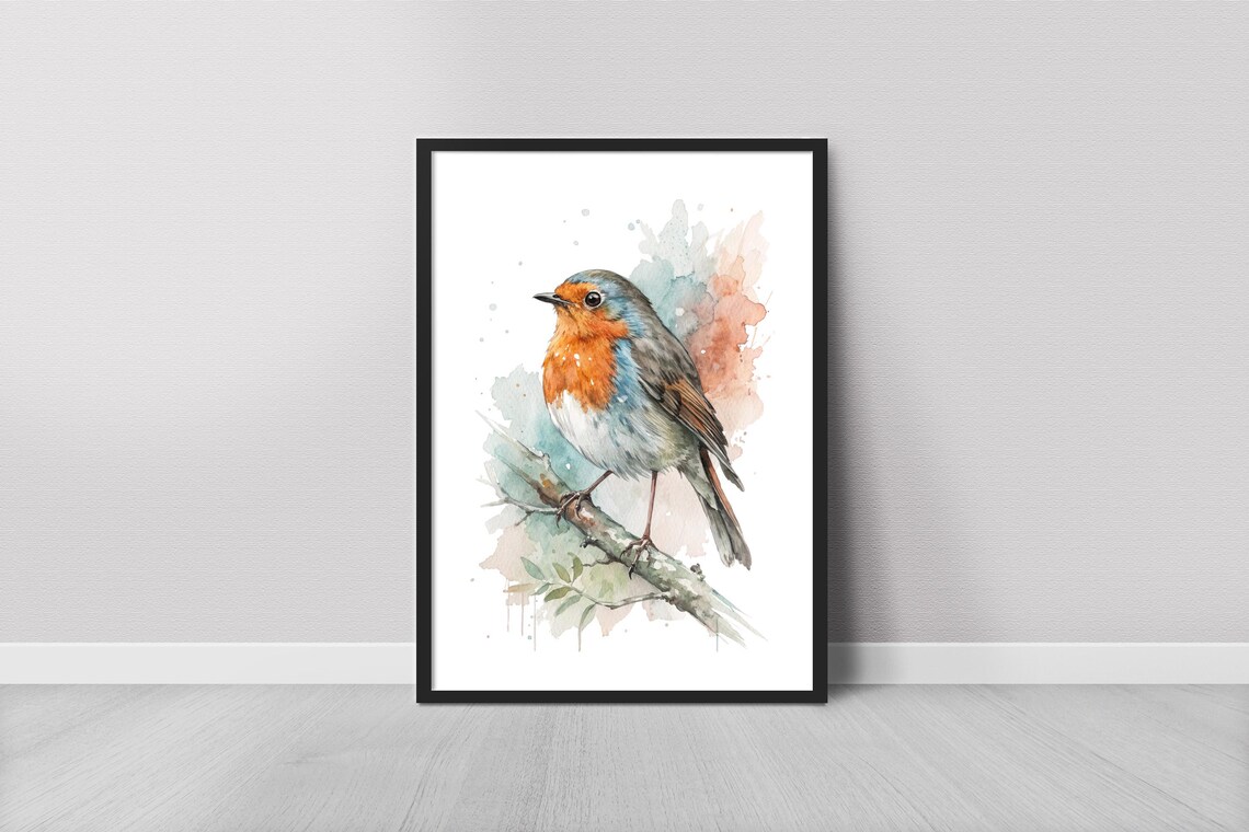 European Robin Watercolor Bird Painting Branch Orange Breast Art Print