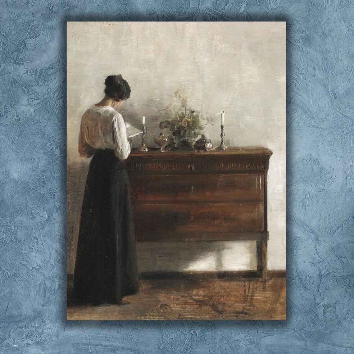 Quiet Interior Woman Reading by Candlelit Dresser Vintage Painting Poster
