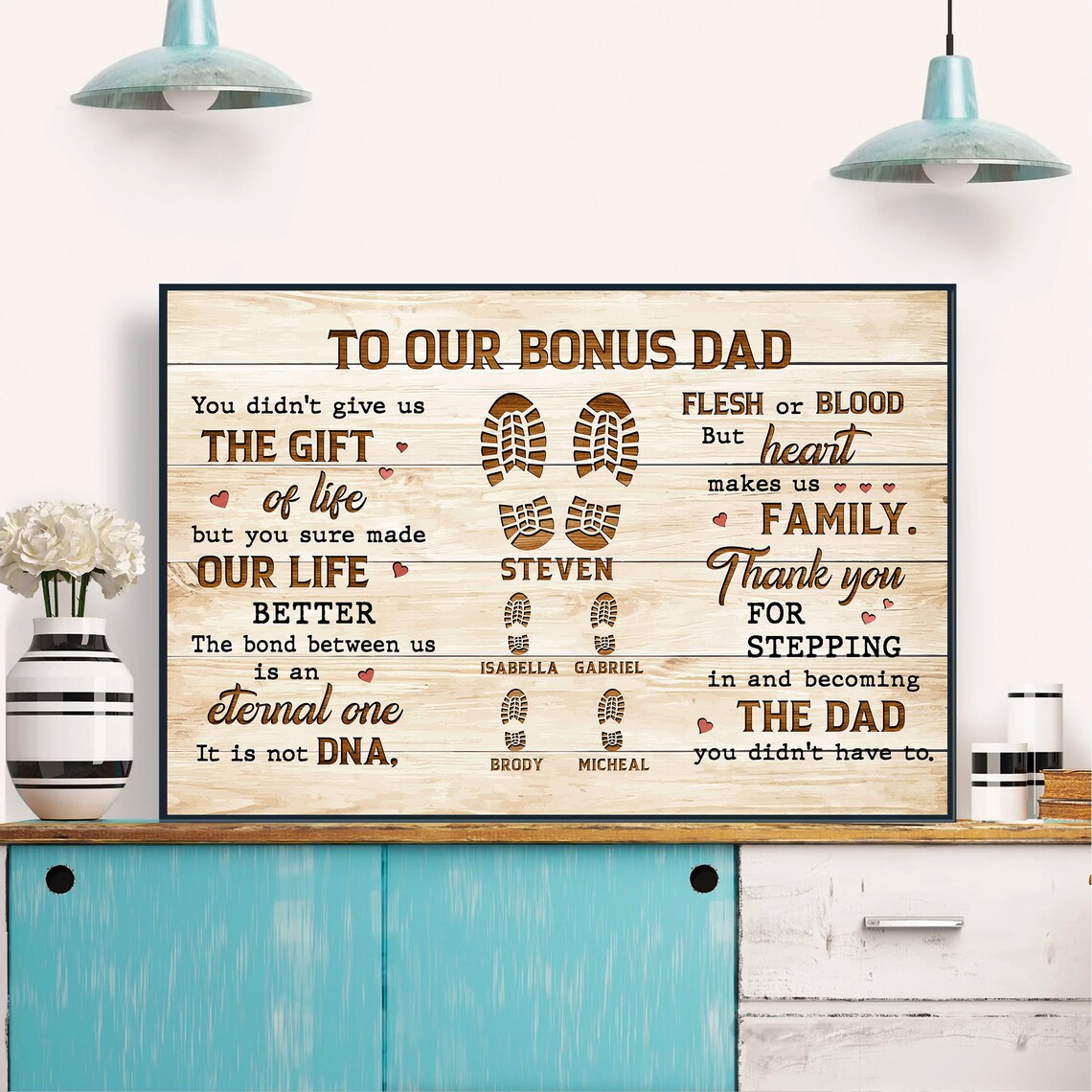 To Our Bonus Dad Stepdad Thank You Footprints Family Wood Poster - Image 2