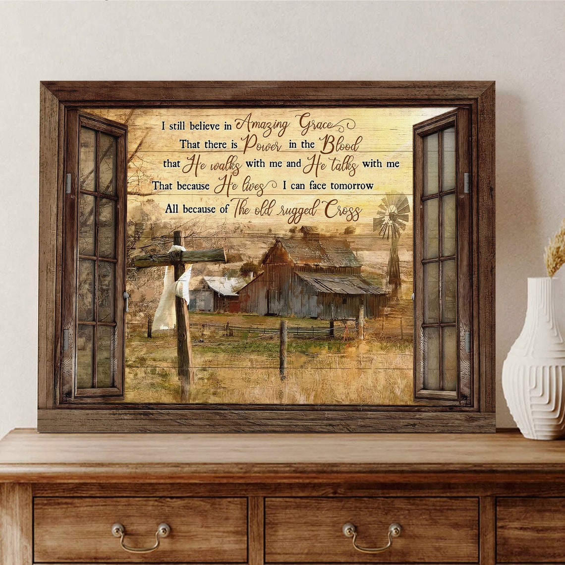 Amazing Grace Old Rugged Cross Barn Window Farmhouse Faith Poster