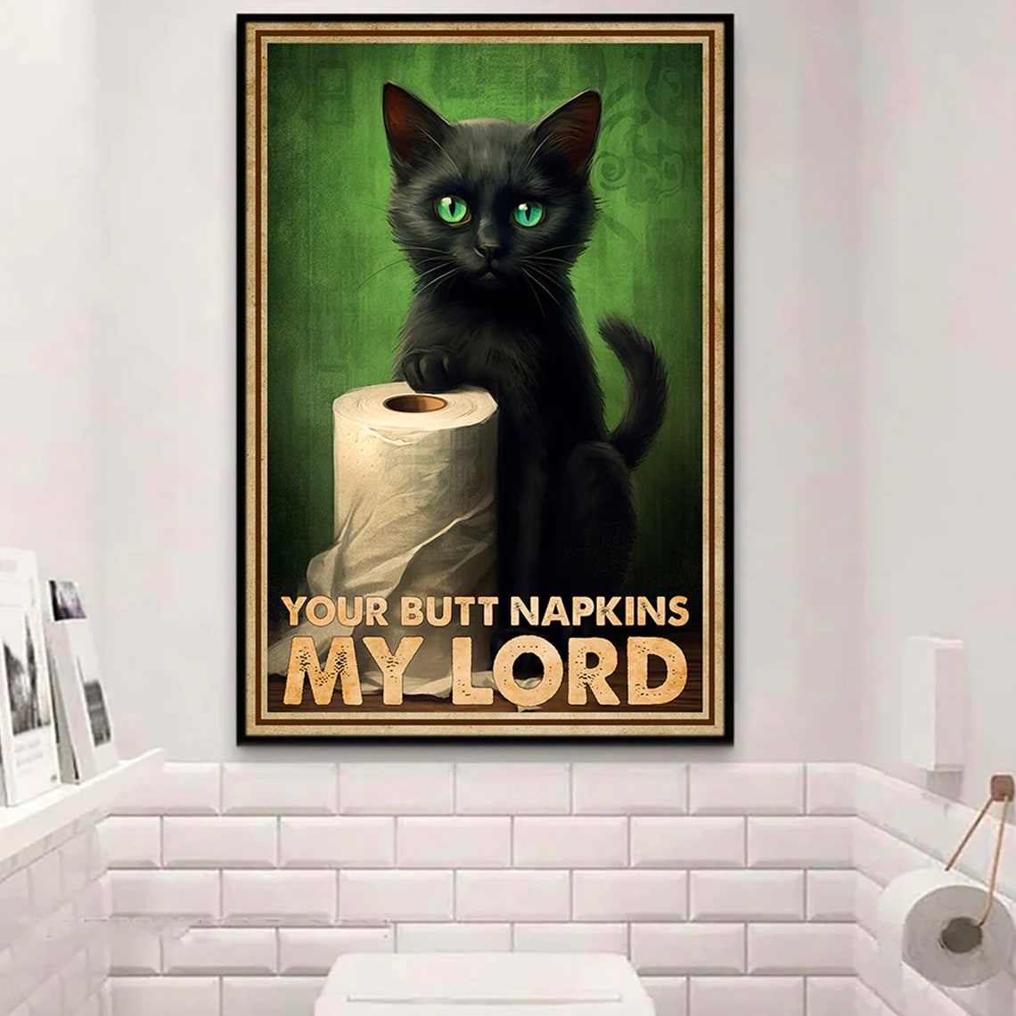 Funny Black Cat Presenting Toilet Paper Roll Bathroom Wall Poster - Image 4