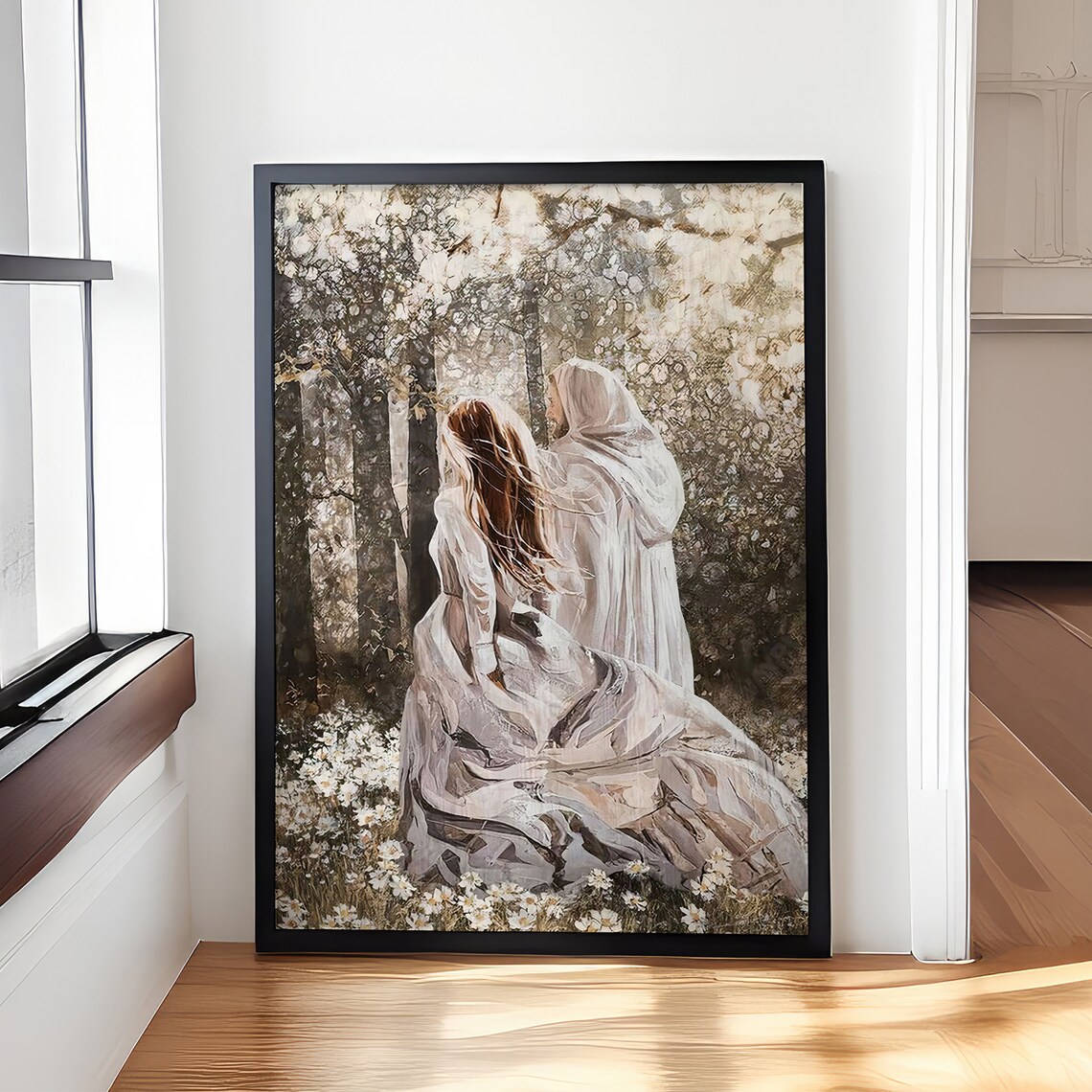 Walking With Jesus Woman White Flowers Forest Christian Faith Poster