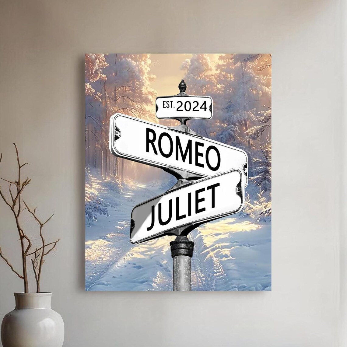Romeo Juliet Christmas Street Sign Snowy Forest Winter Poster