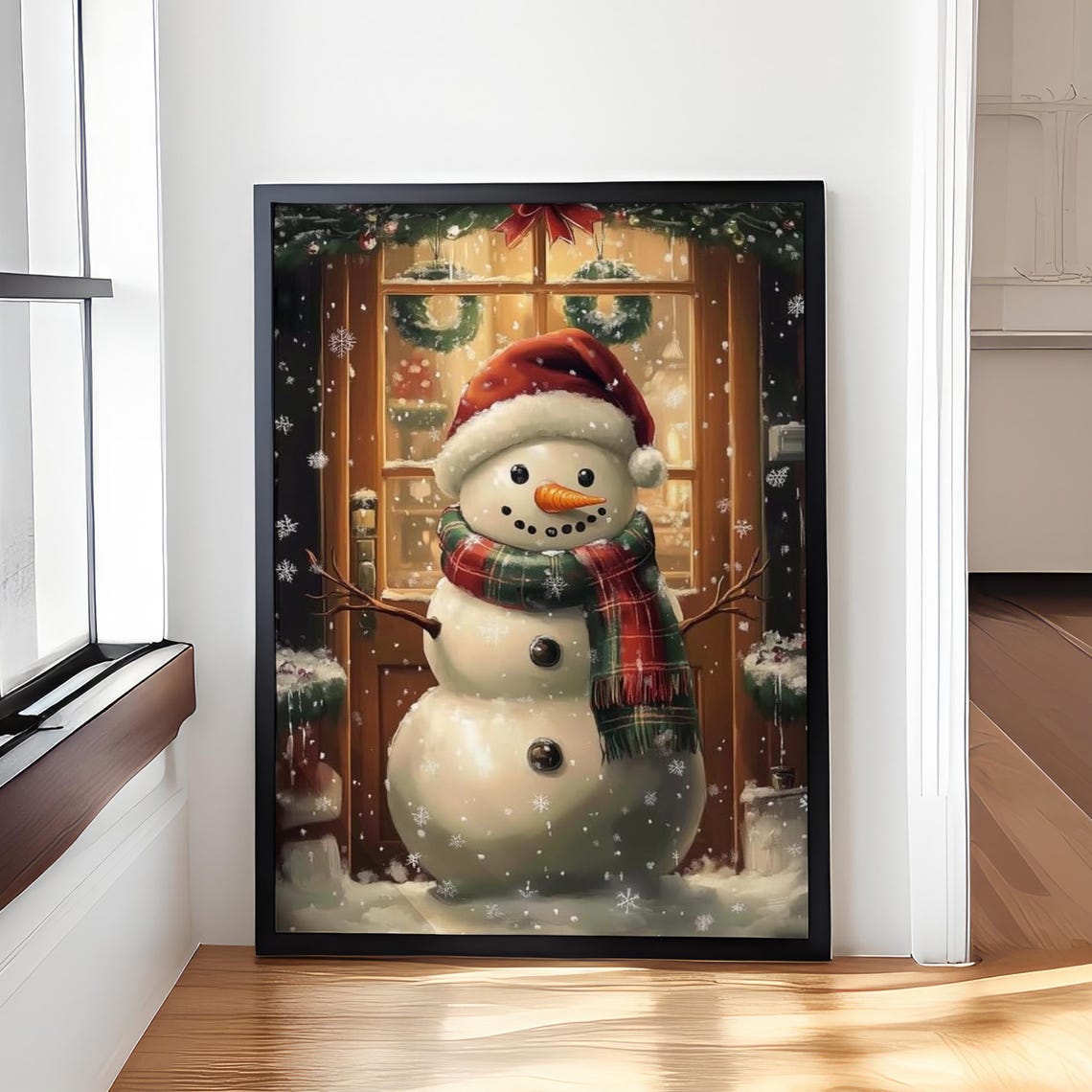 Cheerful Snowman in Red Hat Outside a Snowy Window Scene Poster