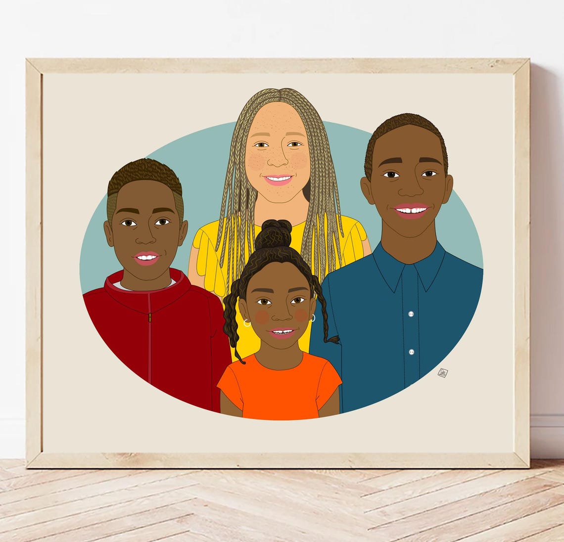 Family of Four Smiling Custom Illustrated Family Portrait Poster