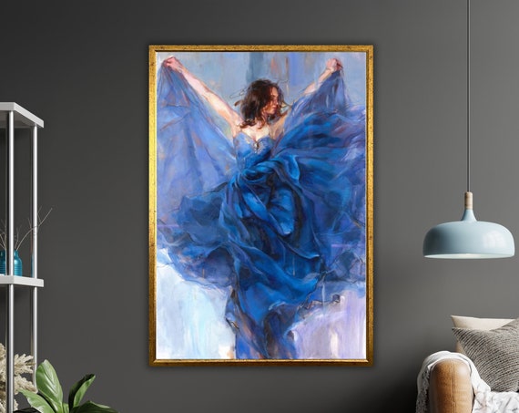 Blue Dress Flamenco Dancing Woman Print Ready To Hang Framed Wall Decor