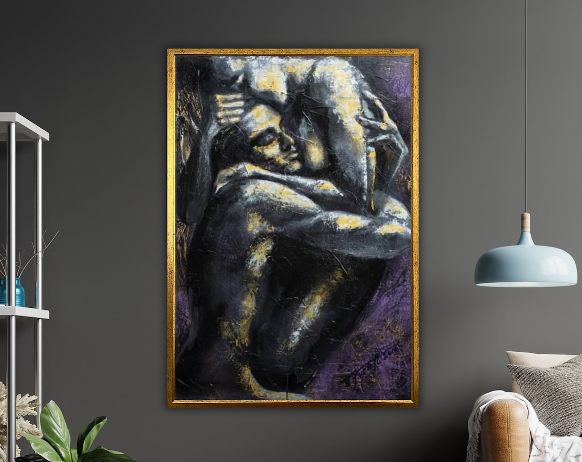 Romantic Couple Embrace Dark Oil Painting Purple Gold Dramatic Poster
