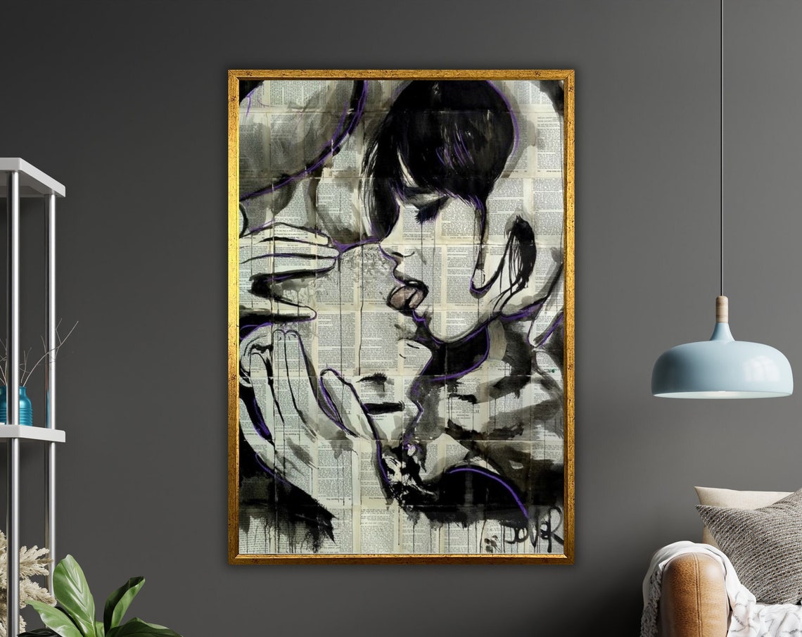 Kissing Couple Ink Sketch Newspaper Collage Black White Art Poster