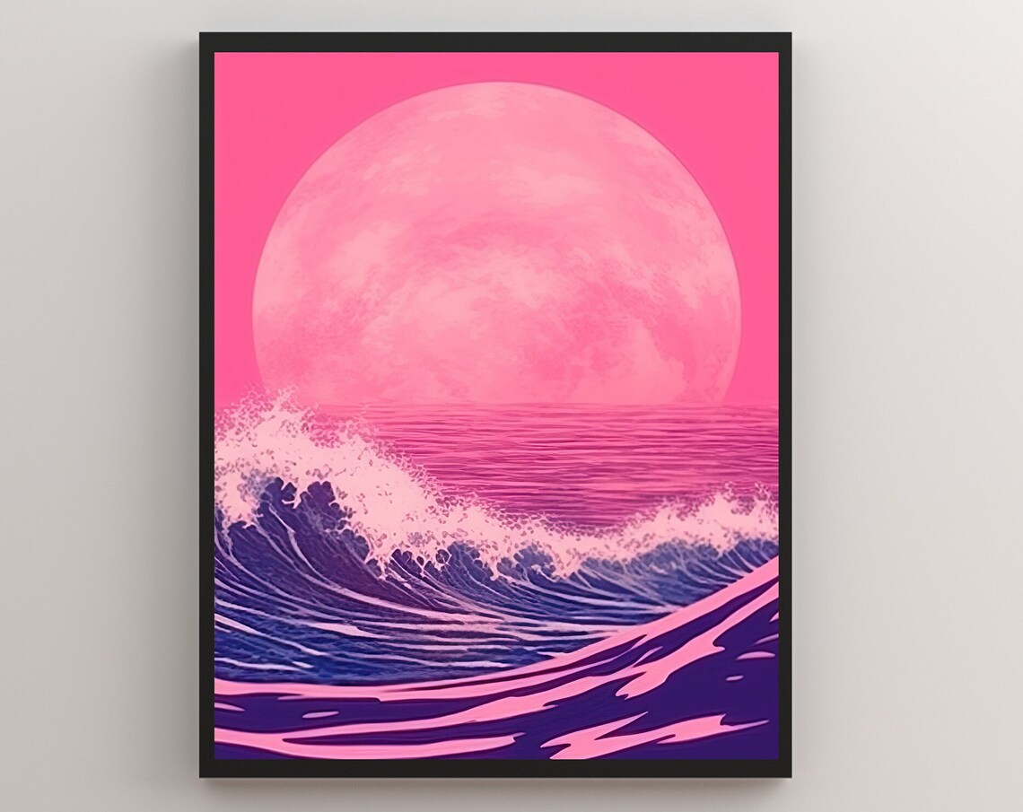 Pink Sunset Ocean Giant Sun Purple Waves Retro Digital Art Poster