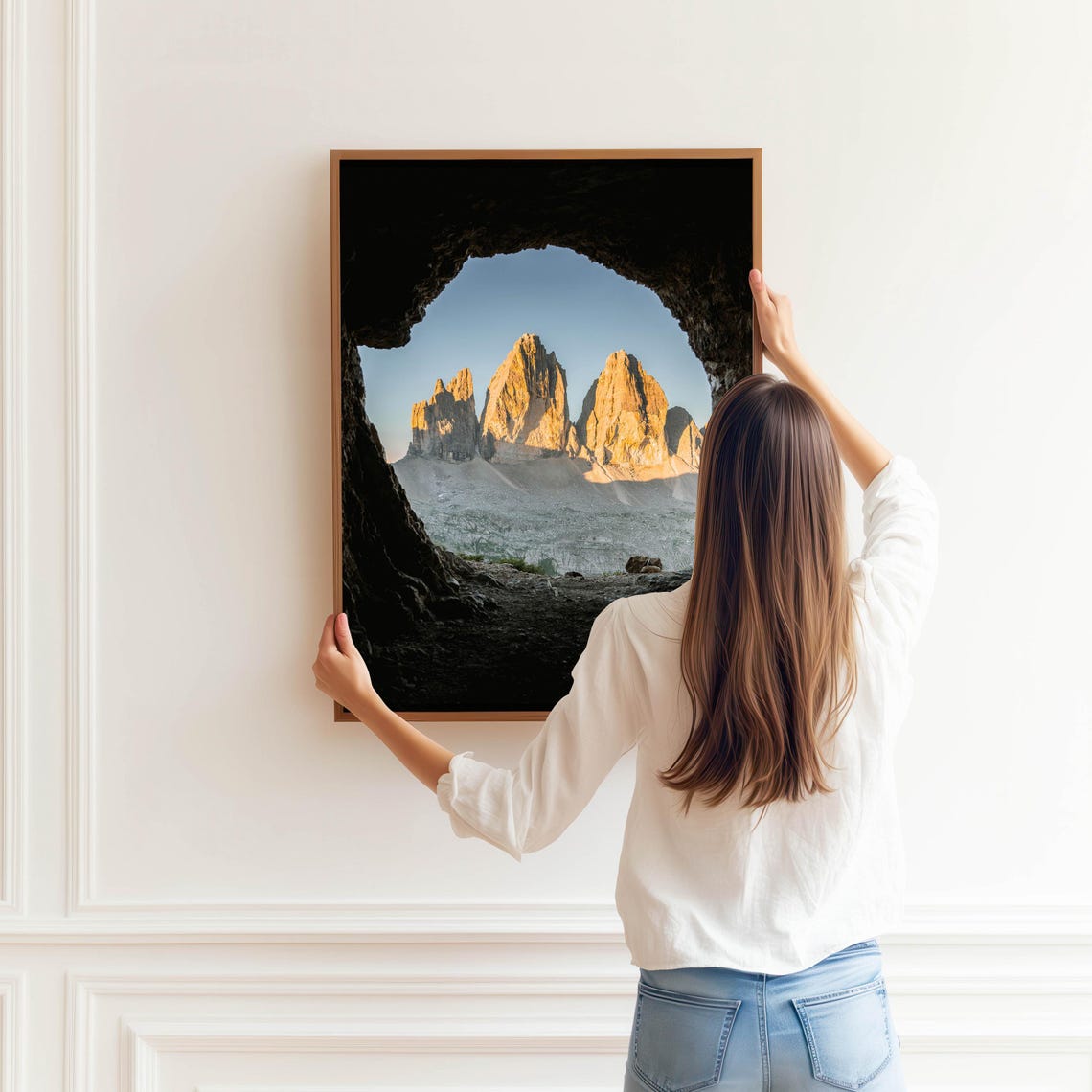 Tre Cime di Lavaredo Cave Window Sunrise Golden Peaks Italy Poster - Image 3