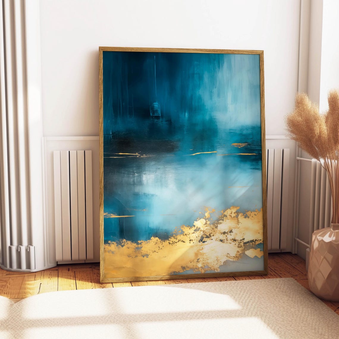 Teal Blue Abstract Ocean Artwork with Gold Leaf Accents Poster - Image 4