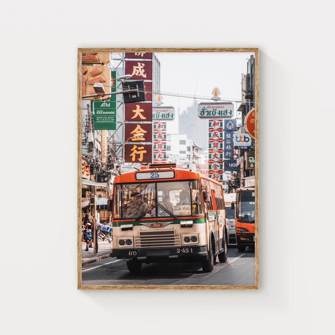 Bangkok Yaowarat Chinatown Vintage Orange Bus Street Scene Poster