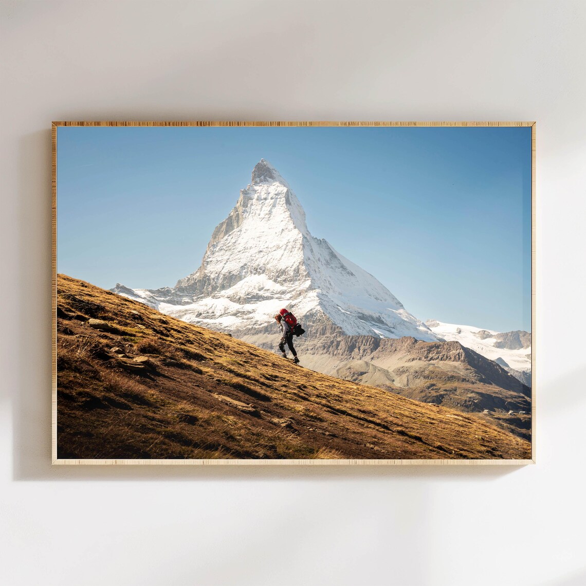 Matterhorn Peak with Lone Hiker Snowy Alpine Landscape Poster