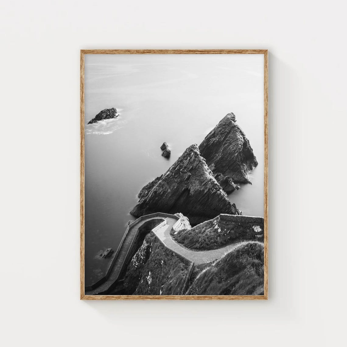 Black and White Sea Stacks with Coastal Path Ocean Photo Poster