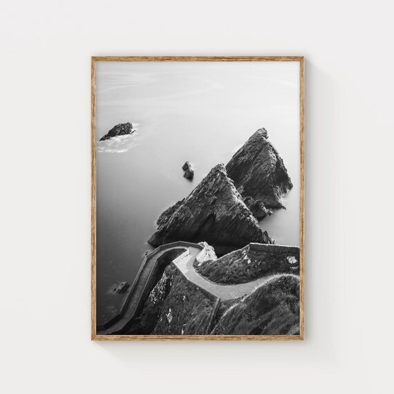 Black and White Sea Stacks with Coastal Path Ocean Photo Poster