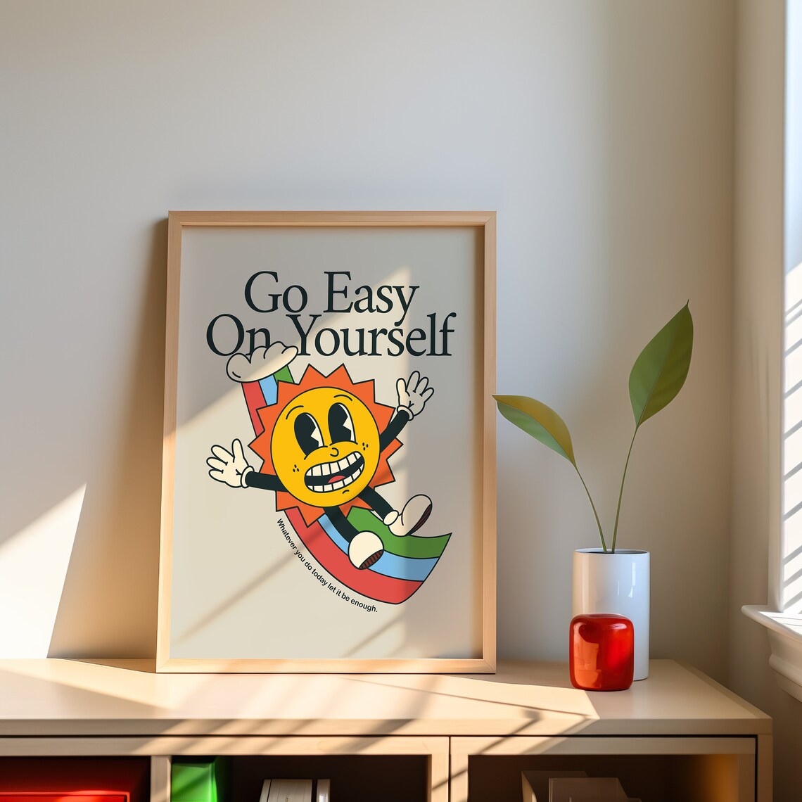 Go Easy On Yourself Colorful Retro Sun Character Mental Health Poster - Image 2