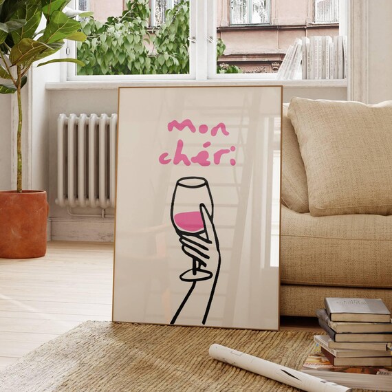 Mon Cheri Pink Wine Glass Line Art Poster French Bar Decor Quirky Art