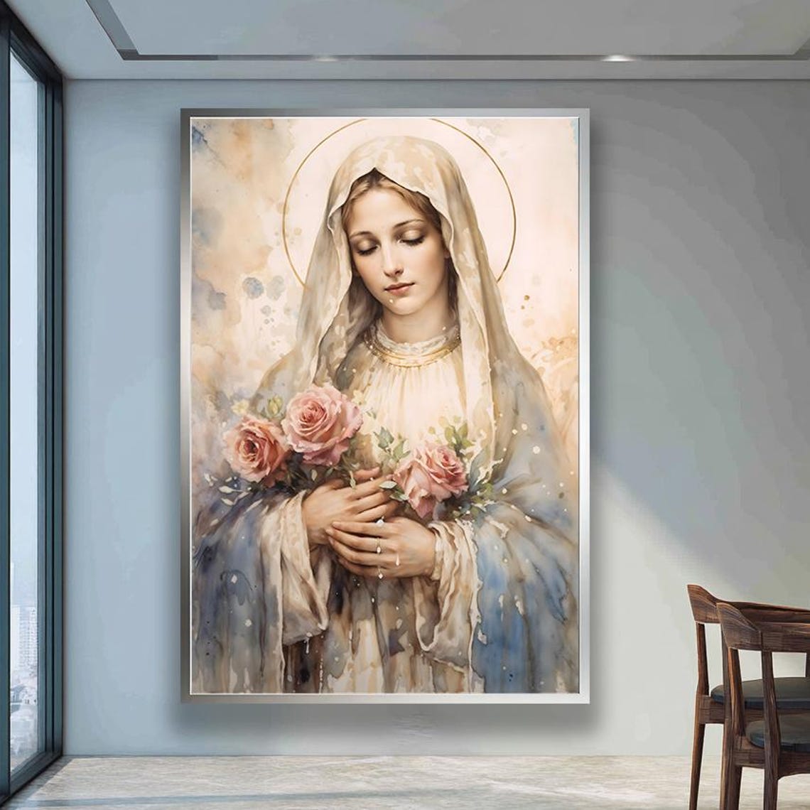 Blessed Virgin Mary Holding Pink Roses Watercolor Religious Poster