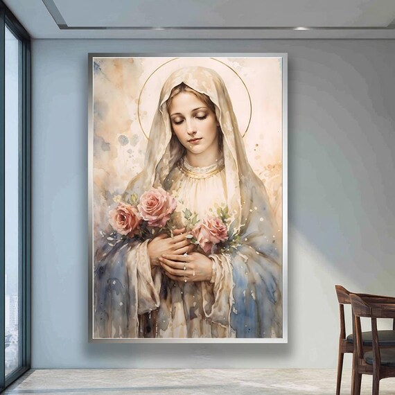 Blessed Virgin Mary Holding Pink Roses Watercolor Religious Poster