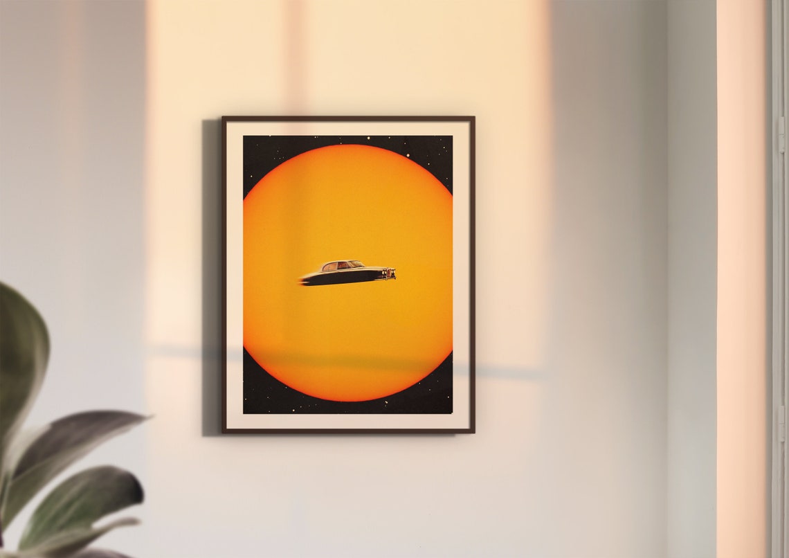 Space Chase Classic Car Flying Across Giant Sun Retro Collage Wall Art - Image 3