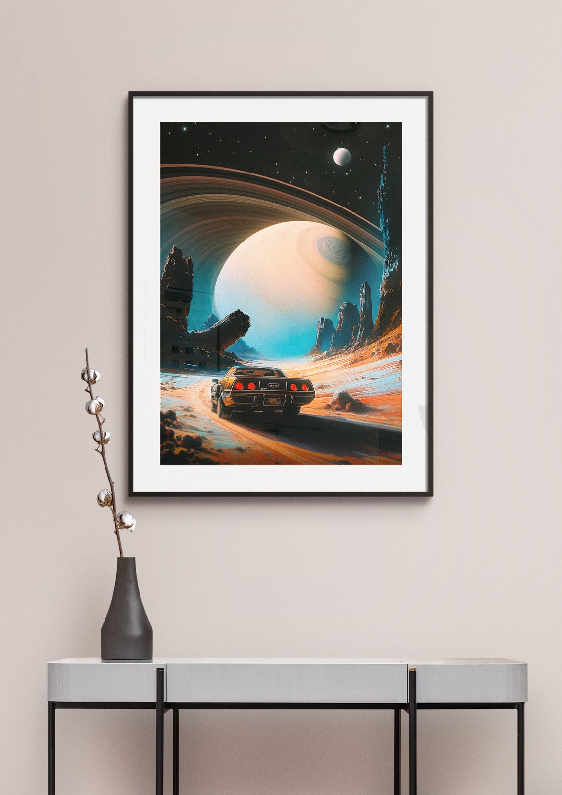 Classic Muscle Car Racing Toward a Ringed Planet Cosmic Space Poster - Image 2