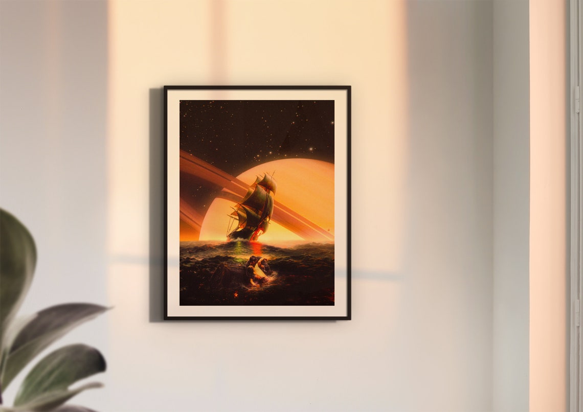 Cosmic Voyage Tall Ship Sailing Beneath Ringed Planet Sci Fi Poster - Image 3
