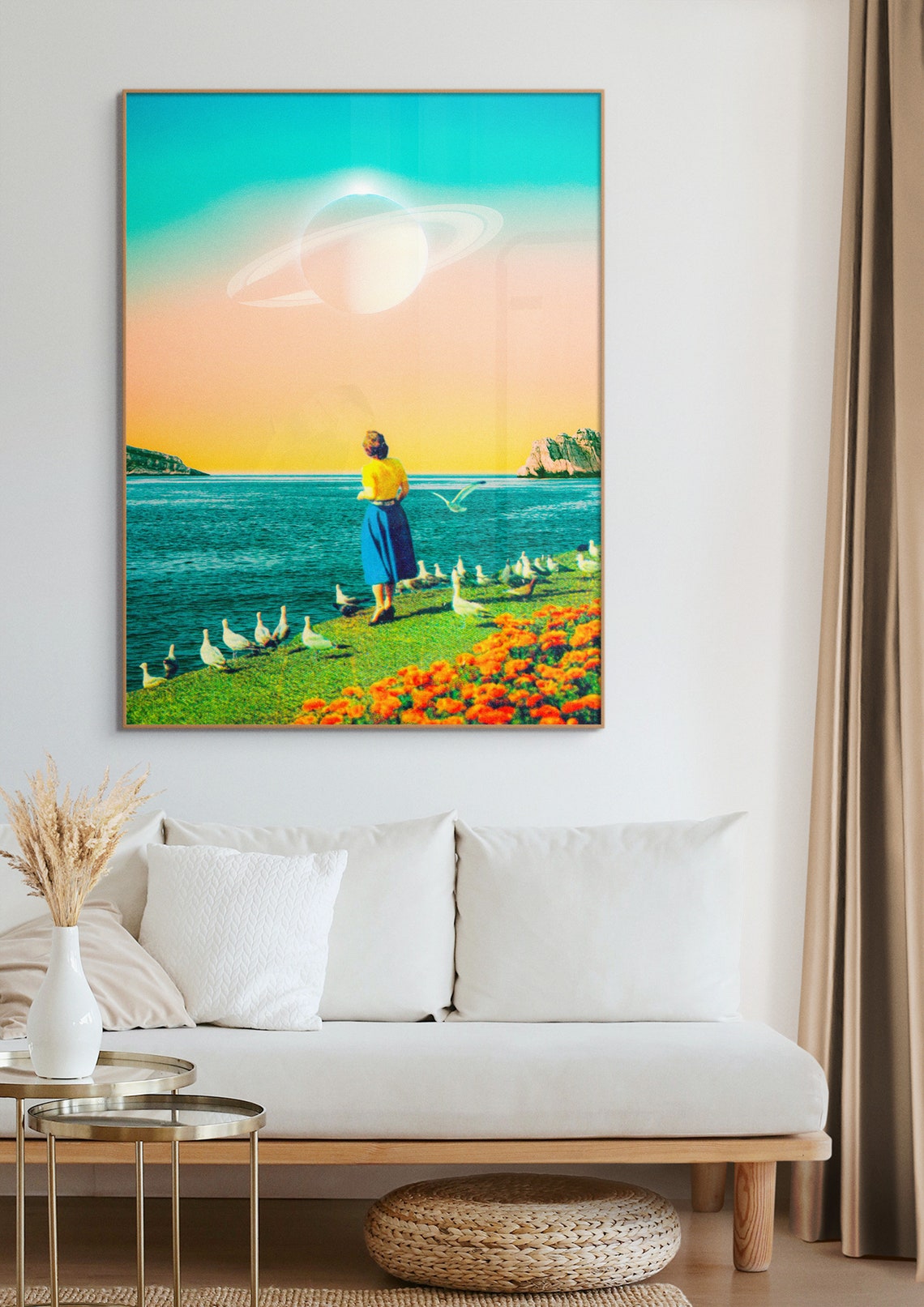 Woman Feeding Seagulls Beneath Giant Ringed Planet Sunset Poster - Image 3