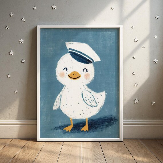 Sailor Duck Nursery Poster Cute White Duckling Navy Hat Blue