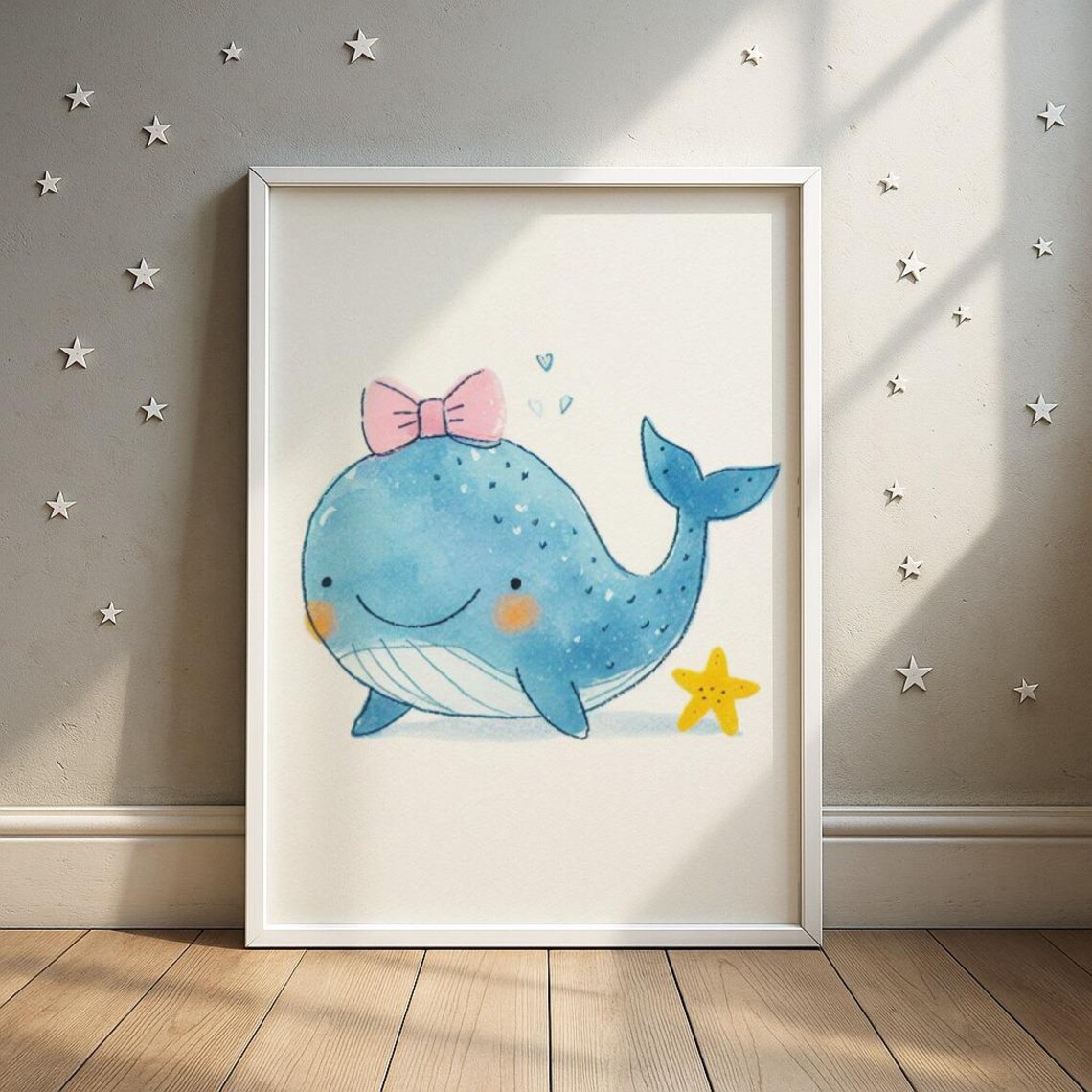 Bowtied Whale Print Smiling Nursery Wall Art Baby Room Decor