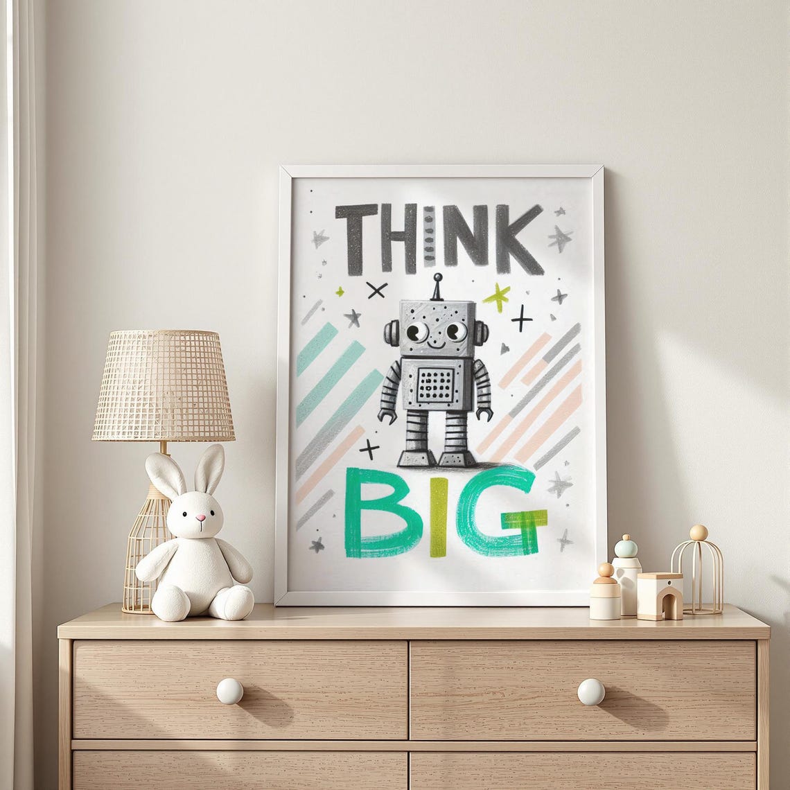 Think Big Cute Robot Quote Fun Kids Room Typography Wall Art