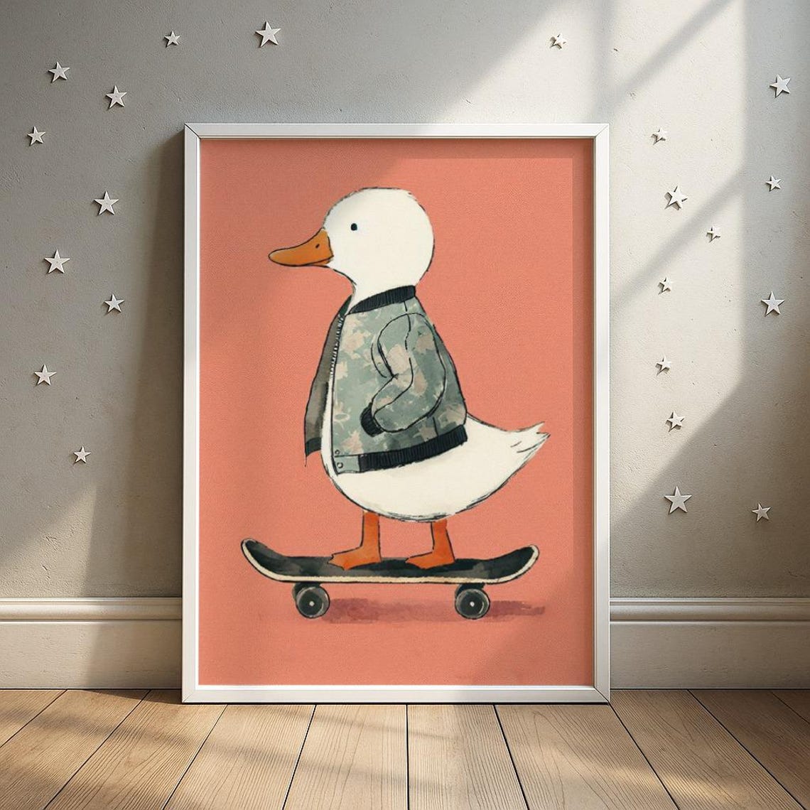 Skateboarding Duck in Jacket Cool Nursery Poster Coral Background