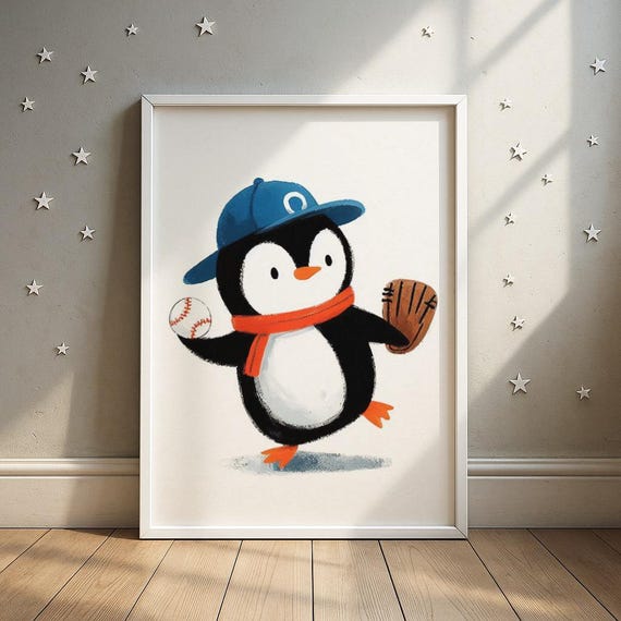 Baseball Penguin Player Wall Art Sports Animal Nursery Print Kids Room Decor