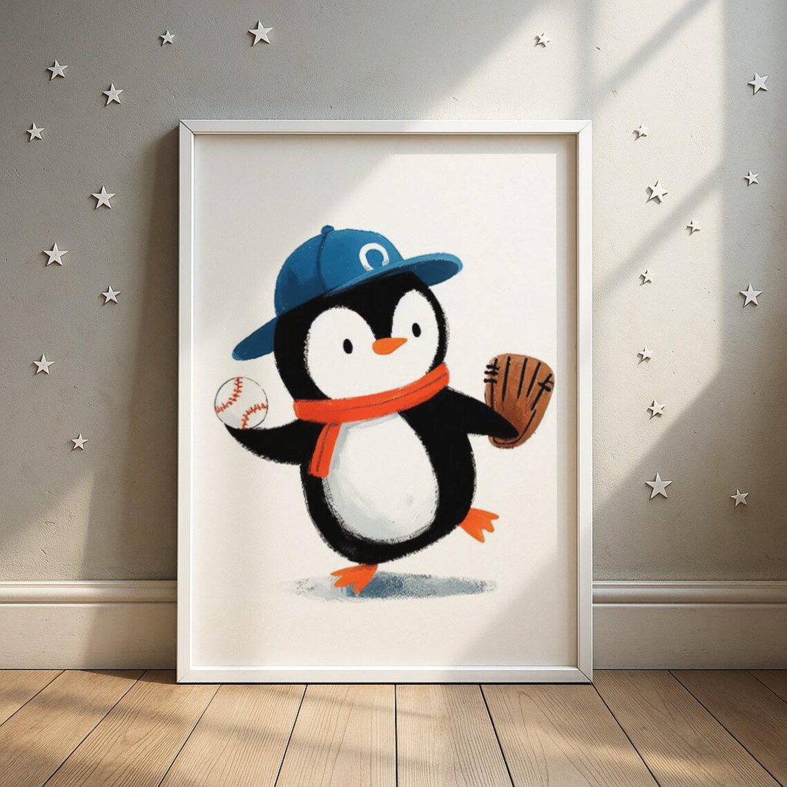 Baby Penguin Baseball Player Nursery Sports Animal Art Print